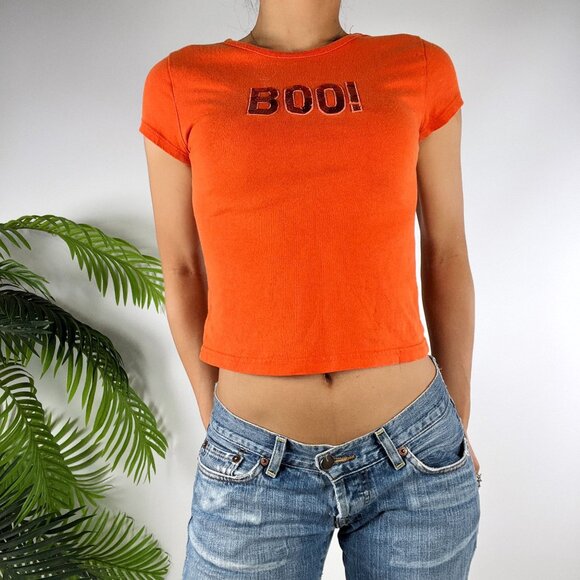 Vintage Y2K Orange Boo! Sequin Casual Short Sleeve Cropped T-Shirt Baby Tee / XS - Picture 3 of 7